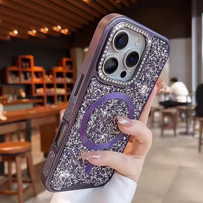 Plating Sparkling Rhinestone Diamond Bling Magnetic for MagSafe Case For iPhone 17 16 15 14 Pro Max Shockproof Luxury Back Cover