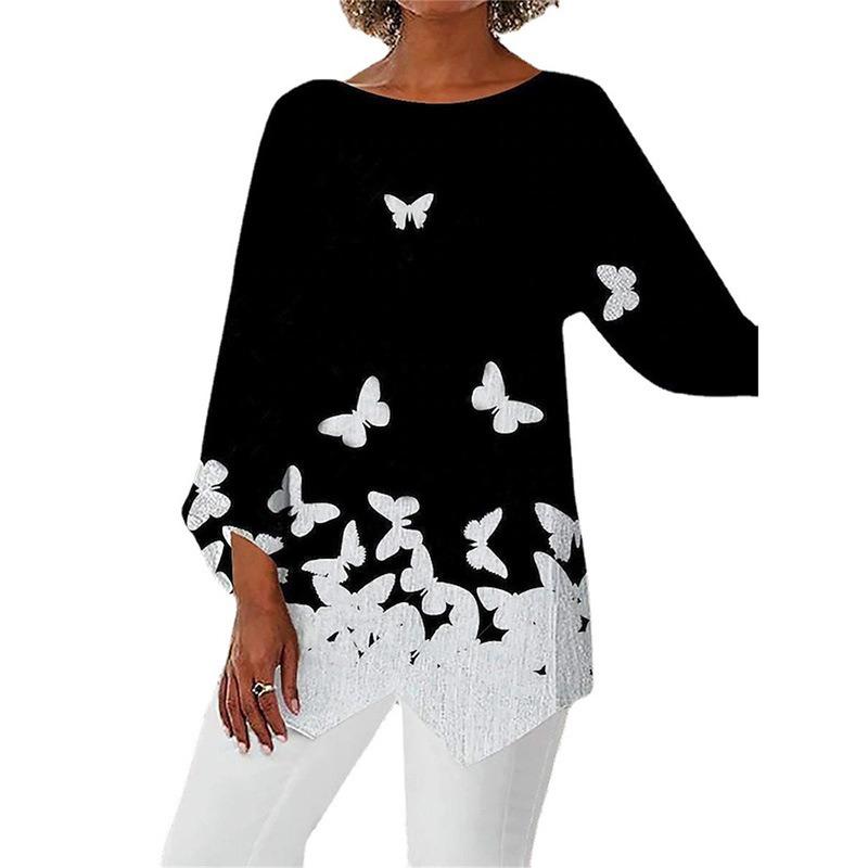 Fashion Geometric Printing Crew Neck Women Shirt Spring Summer Loose Plus Size Office Long Blouse Streetwear Casual Irregular Tops Elegant Clothing
