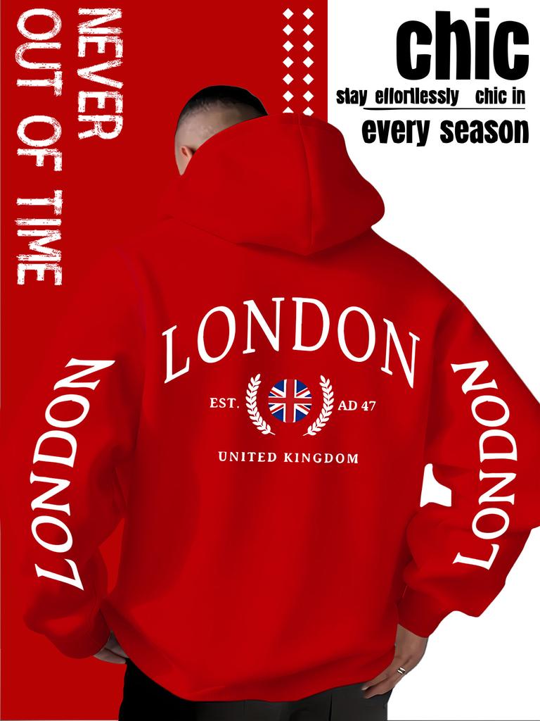 Sweat à capuche décontracté ample pour homme, "Sweatshirt tendance imprimé style britannique Londonien", mode de rue décontractée automne et hiver.