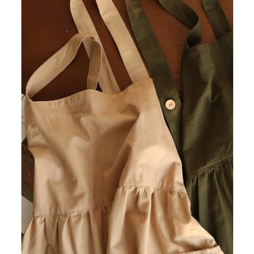 Aimoha Cafe Apron, Flared Dress Apron, Women's, Gardening Apron, 100% Cotton, Natural Cafe-Style Apron (Green)