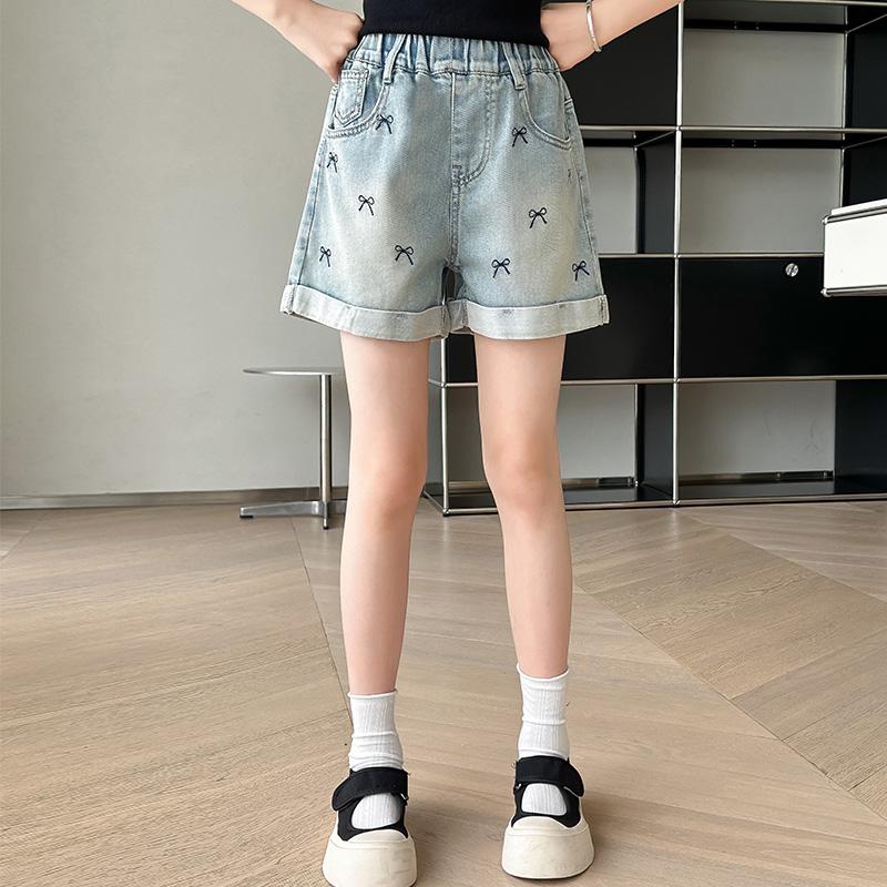 Children Casual Denim Shorts Bow For Girls Elegant Above Knee Pants Mini Jeans Kids Teenager Brief Summer Shorts Size 5-14Y