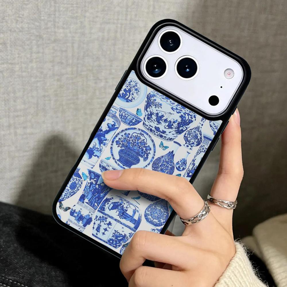 Capa Case for iPhone 17 Air 16 Pro Max 15 Plus 11 13 Mini 14 12 Back Phone Cover Blue And White Porcelain