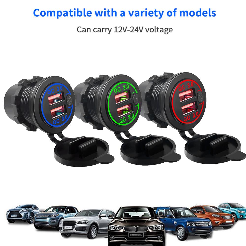 Cargador de coche con doble puerto USB QC3.0, toma de carga rápida con voltímetro e interruptor, 12 V/24 V, cargador de teléfono automático