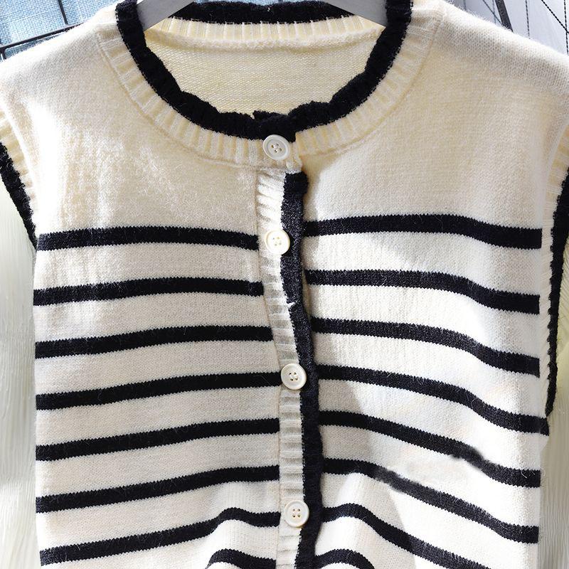 Stripe Short Sweater Coat Women Loose Outwear Cardigan Spring Korean Version Fake Two Piece Splice Knitted Cardigan Sweater