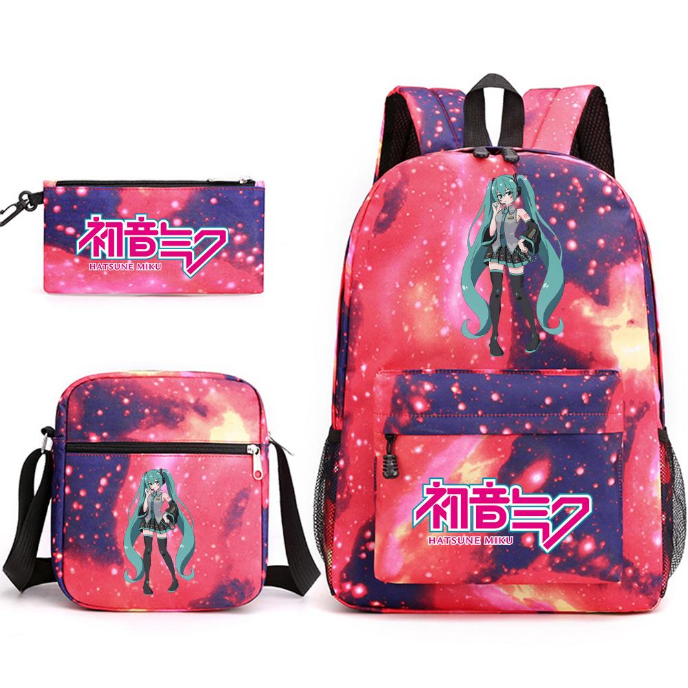 3Pcs/set Anime Cartoon Hatsune Miku Printed Backpack with Shoulder Bag Pencil Case for Teenager Student Boy Girl Large Capacity Waterproof Schoolbag