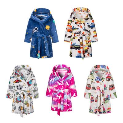 2-12 Years Kids Flannel Bathrobe Children Print Soft Warm Hooded Robes