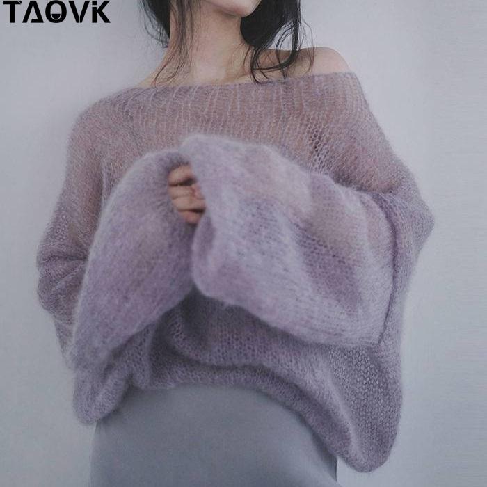 

TAOVK винтажные тонкие свитера с вырезами, женские сексуальные вязаные пуловеры с вырезом в горловине, милые элегантные свободные мягкие толстовки, топы, новинка