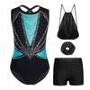 Kids Girls Gymnastics Dance Set Sleeveless Crisscross Back Shiny Rhinestones Color Block Metallic Leotard with Shorts Hairband and Drawstring Backpack