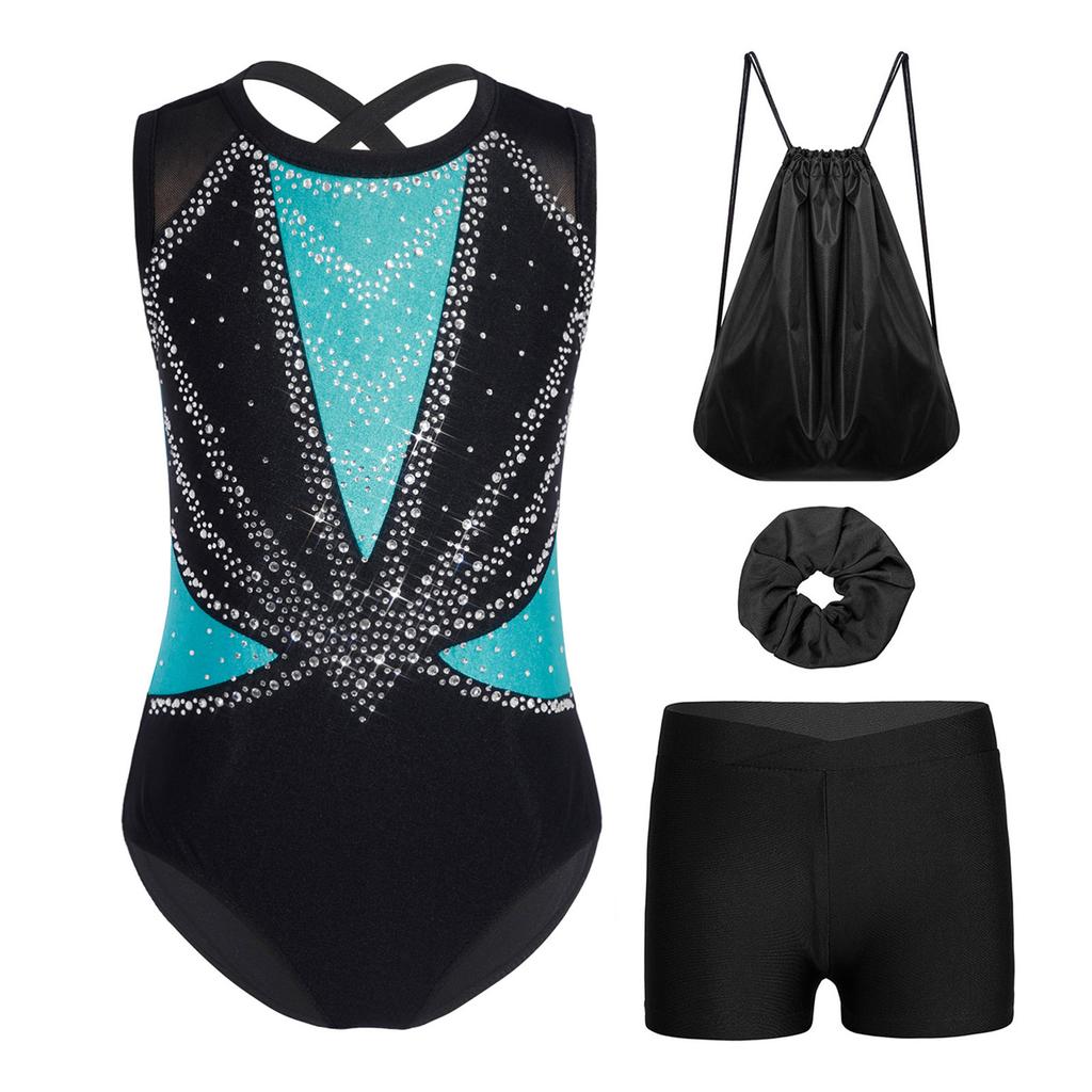Kids Girls Gymnastics Dance Set Sleeveless Crisscross Back Shiny Rhinestones Color Block Metallic Leotard with Shorts Hairband and Drawstring Backpack