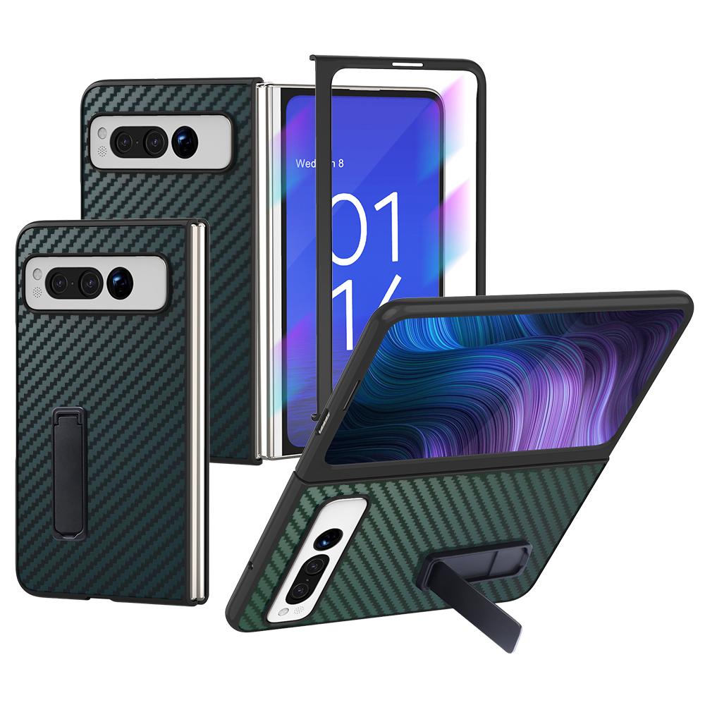 

GKK For Google Pixel Fold Hard PC Phone Case Kickstand Carbon Fiber Texture Back Cover Green