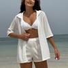 Women Solid Color Three Piece Sunscreen Mesh Shirt Shorts Beach Swimsuit