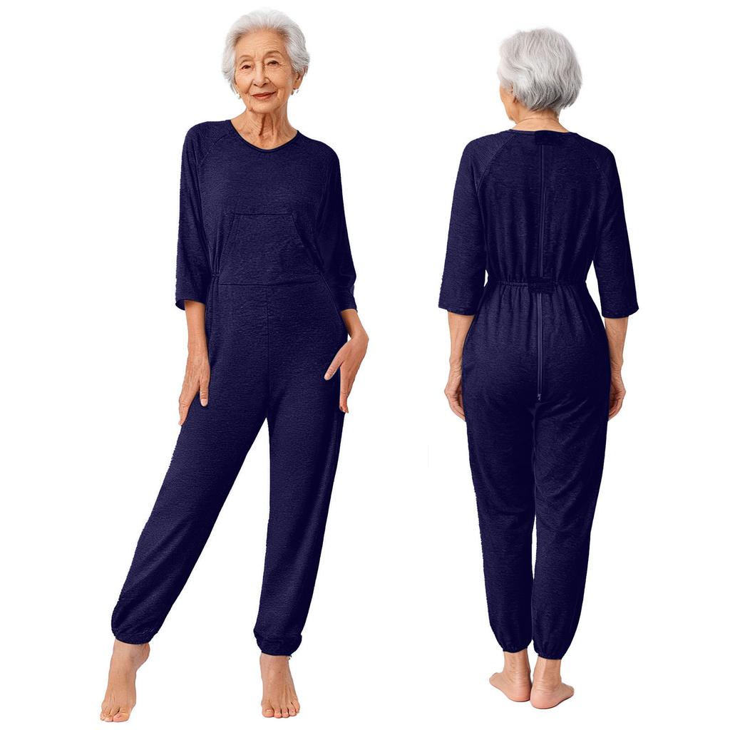 Dámský Jumpsuit pro Starší osoby Anti-Strip Adaptivní Dvojitý Zip na Zadních Nohách Dlouhý Rukáv Dlouhé Kalhoty Ošetřovatelský Kombinéza
