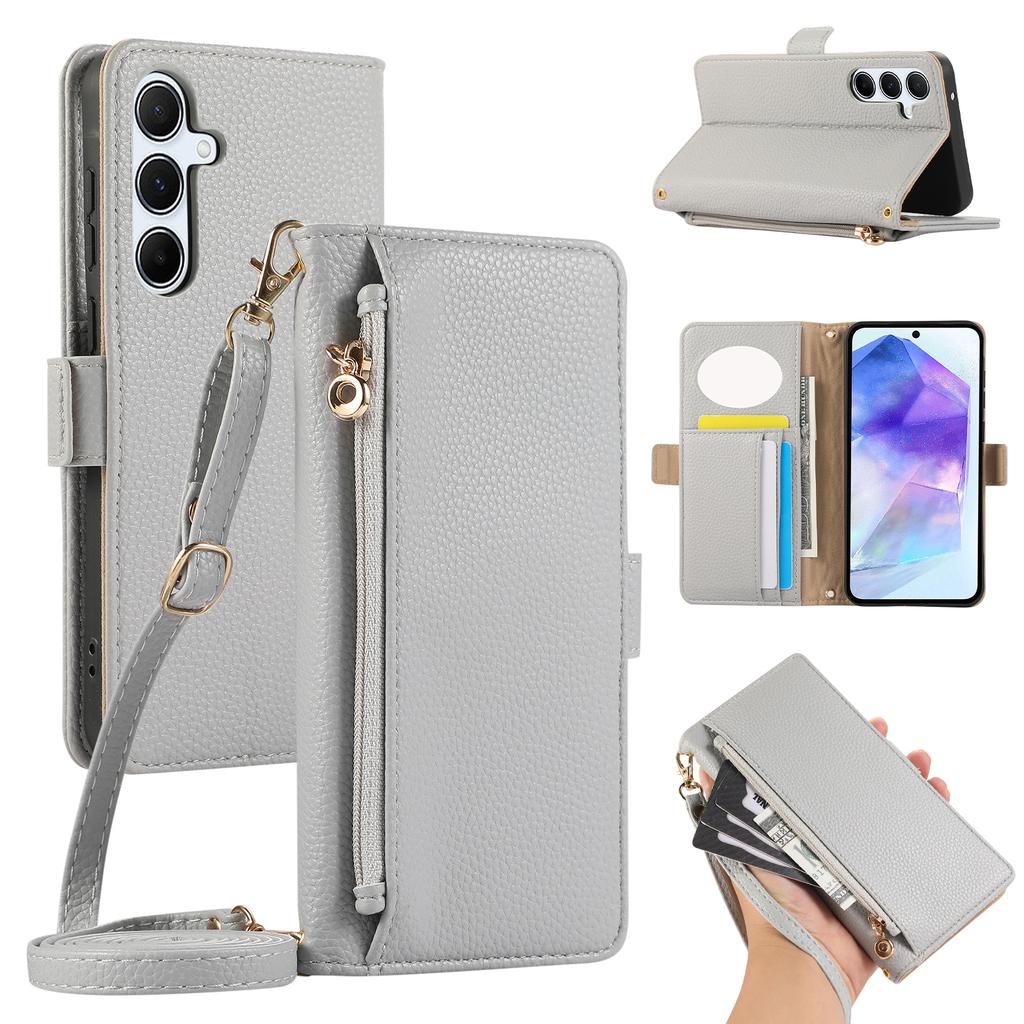For Samsung Galaxy A55 5G Wallet Phone Case Shockproof TPU+PU Leather Flip Cover with Mirror,Strap