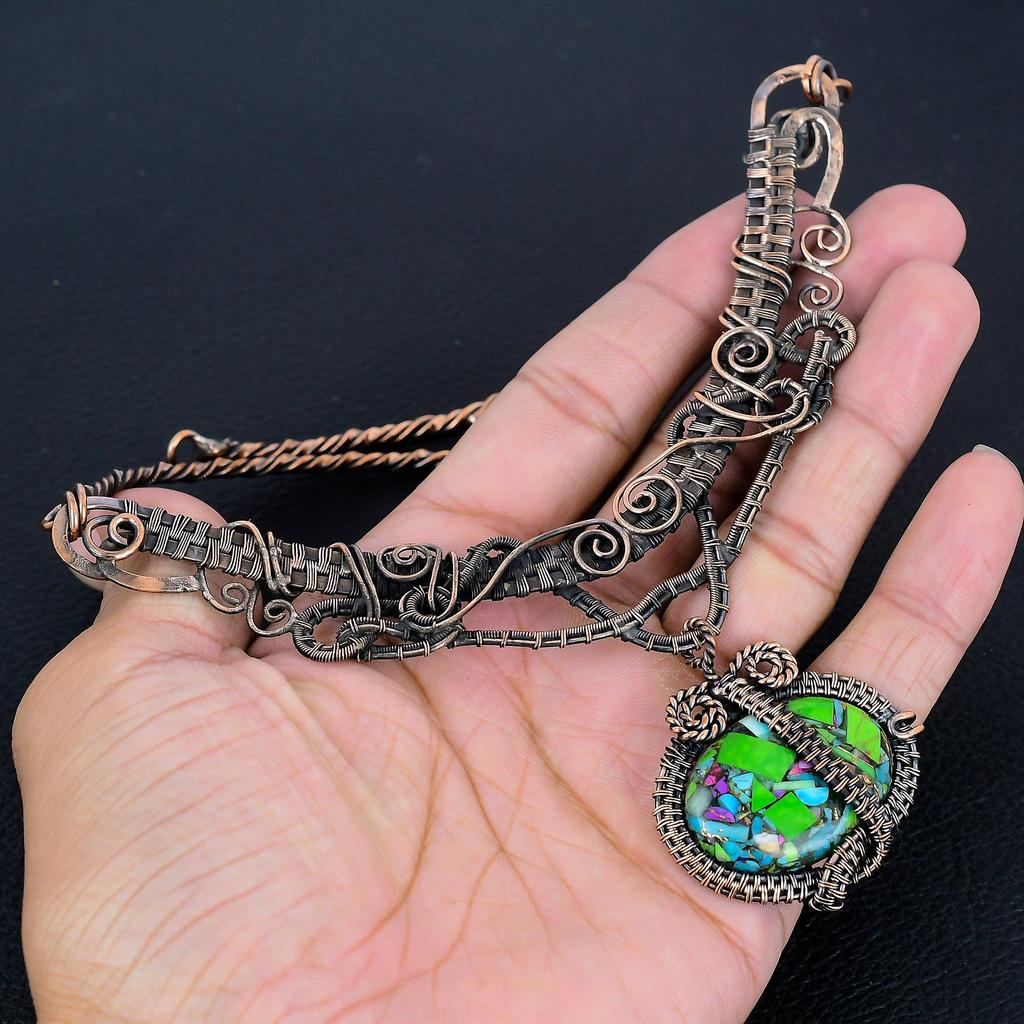 Fiesta Kingman Turquoise Necklace, 999 Copper Wire Wrapped Necklace Jewelry, Adjustable Chain Gemstone Handmade Jewelry Necklace, Gift For Friend