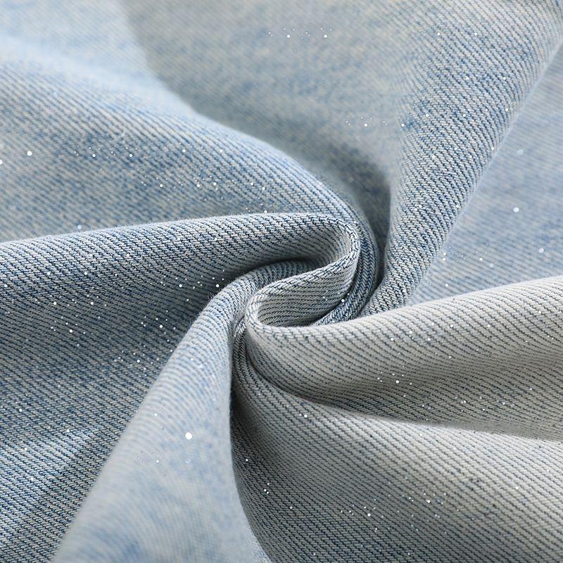 Spring Summer Vintage Light Blue Fine Glitter Gold Foil Tencel Wide Leg Denim Pants For Ladies Casual Pants Oversize Denim Trousers