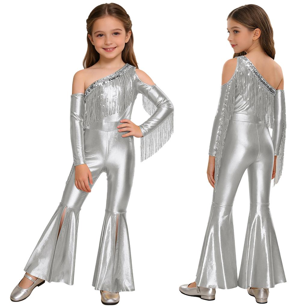 Girls Pageant & Stage Romper: Metallic Shiny Off Shoulder Jumpsuit with Sequin Tassels & Bell Bottom Legs for Disco