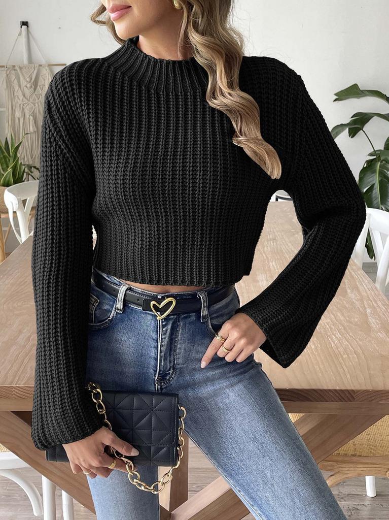 Semi-turtleneck women's sweater short open-button sweater top European and American size autumn and winter new horn-sleeved sweater