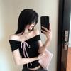 Bow Off-the-shoulder Short-sleeved T-shirt for Women's Summer Pure Desire Spice Girl Sexy One-word Shoulder Small Top Unique and Beautiful