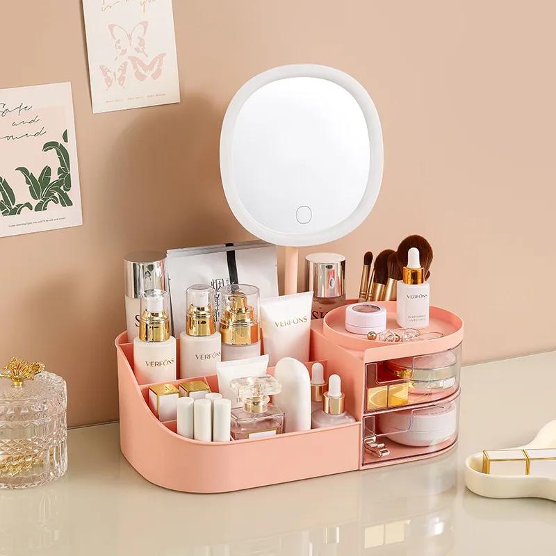 Christmas Gift Drawer style Cosmetics Storage Box Desktop Dressing Table Makeup Mirror Skincare Storage Rack Makeup Organizers S 26.5X14.5X10cm