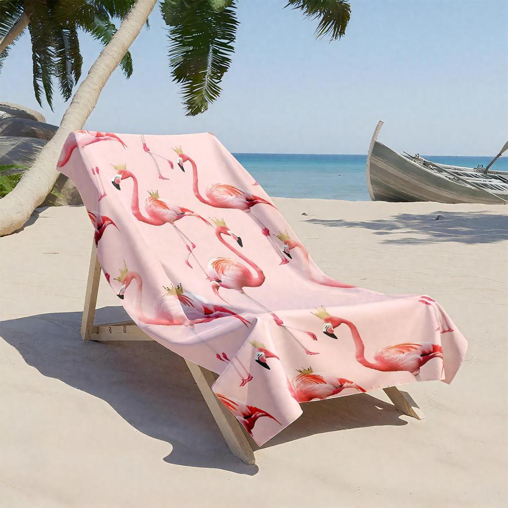 1pc Elegant Crowned Flamingos on Pink Background 2D Printed Microfiber Beach Towel, quick dry super absorbent. Great for beach