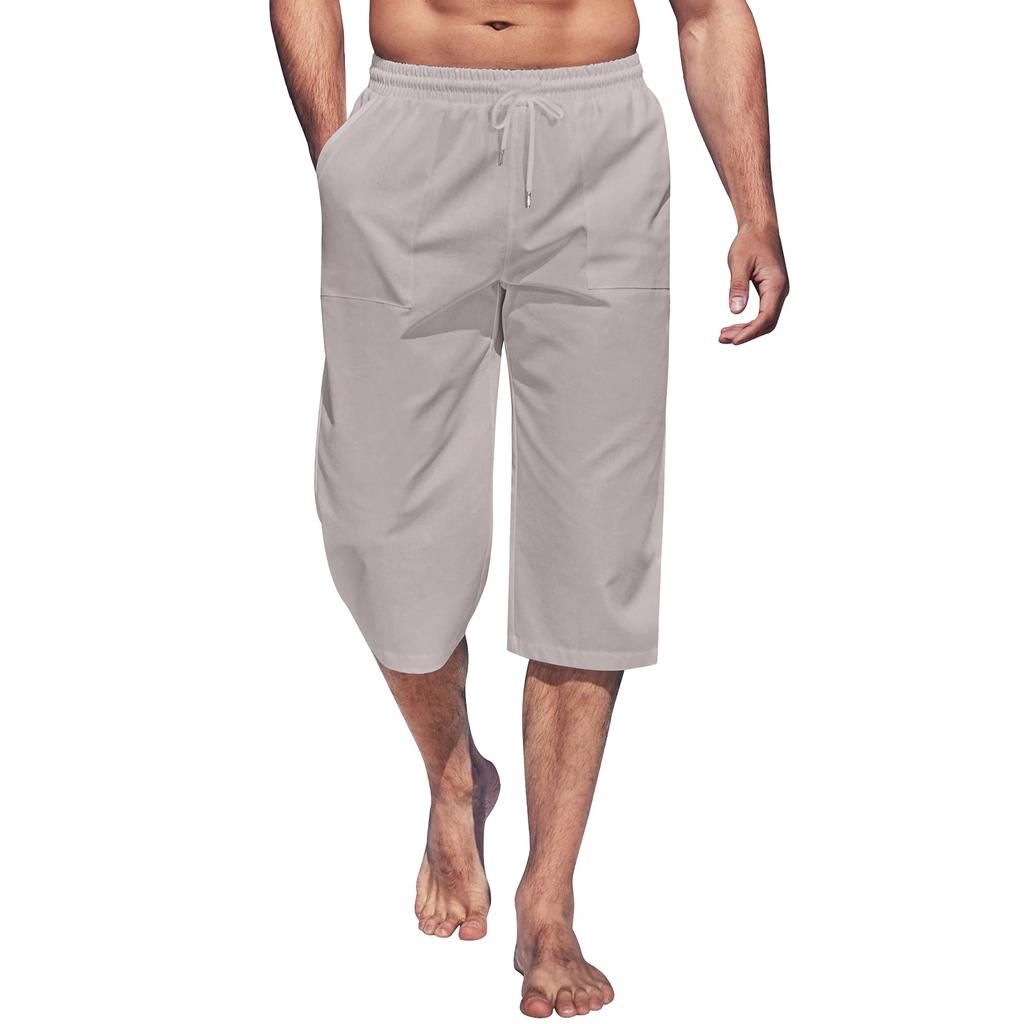 Men's Fashion Casual Solid Color Drawstring Pocket Calf-Length Pants