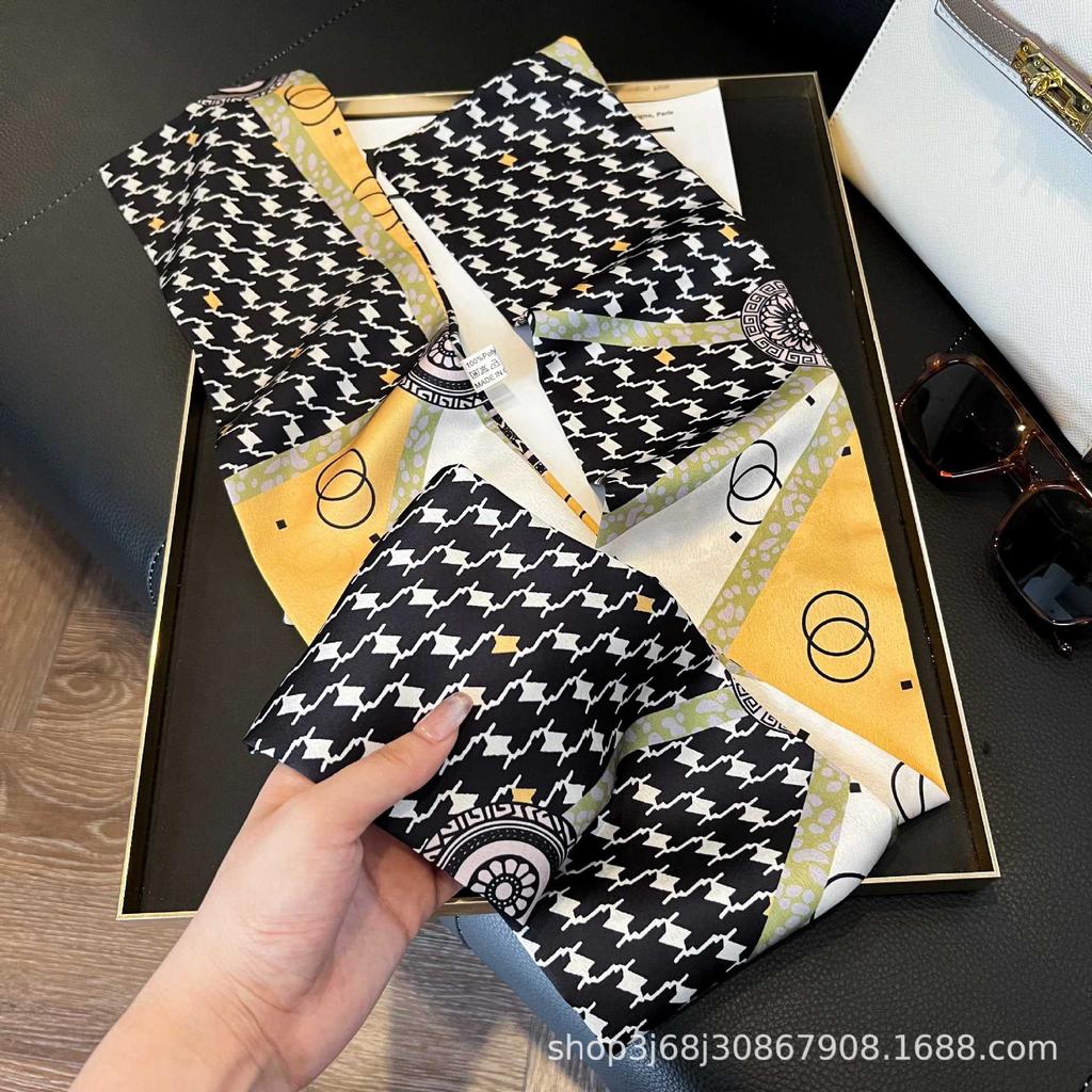 Long Silk Scarf Women's New Small Silk Scarf Printing Simulation Silk Tied Bag Streamer Explosion Sweet Little Scarf