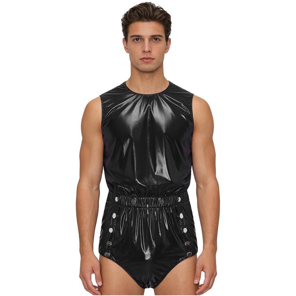 S-3XL Mens Waterproof Bodysuit Openable Crotch with Buttons Sleeveless Back Zipper Elastic Waistband One-piece Romper Jumpsuit for Clubwear Swimming