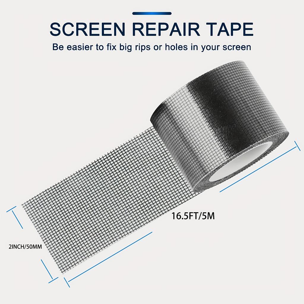 Black Window Screen Repair Kit with Adhesive and Waterproof Tape to Cover Grid for Fixing Holes in Window Screens and Mesh Doors