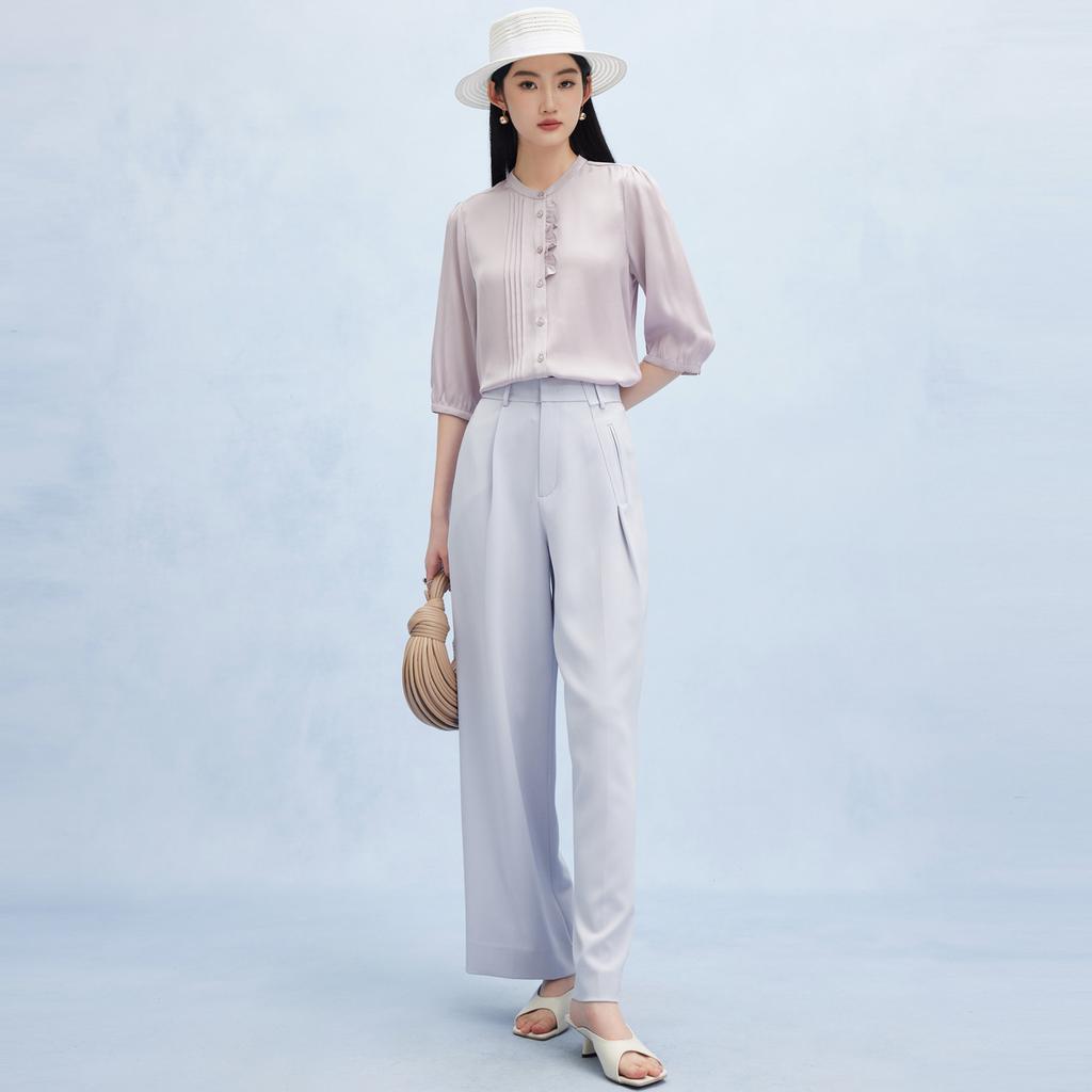 Spring and Summer New Style with Mushroom Edge Design Commuting Mulberry Silk Five Sleeve Shirt for Women