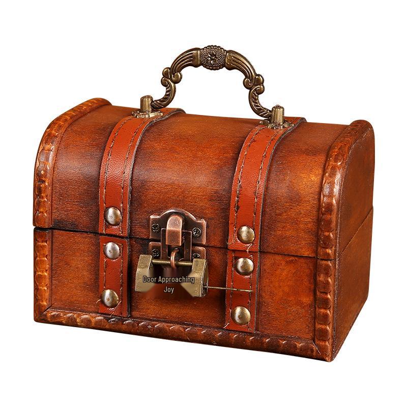 Vintage Wooden Treasure Box with Lock for Desktop Storage and Props