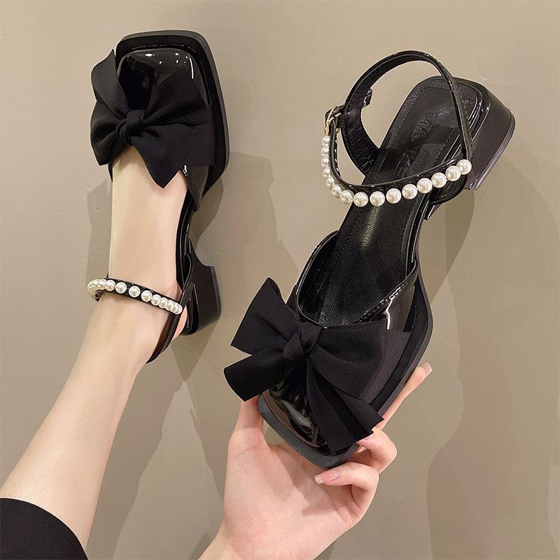 Baotou bow sandals women's summer new fashionable versatile retro thick heel non-slip Mary Jane small leather shoes