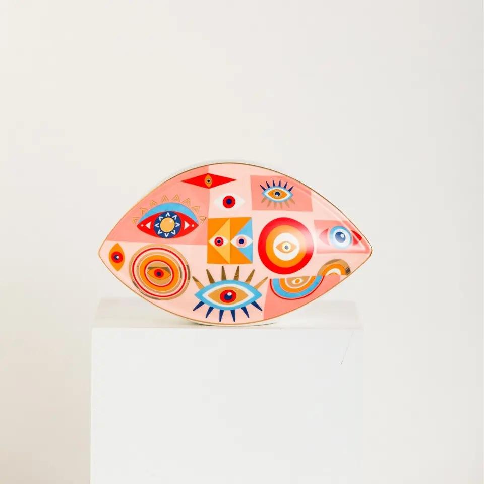 New Blue Evil Eye Home Decor Ornament Ceramic Devil's Eye Statues Lucky Amulet Home Living Room Desktop Feng Shui Figurines