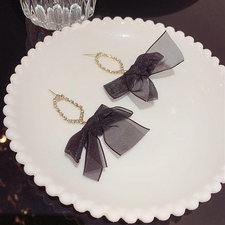 Retro Black Mesh Bow Earrings S Silver Needle Niche Personality Earrings Femininity Trend Earrings