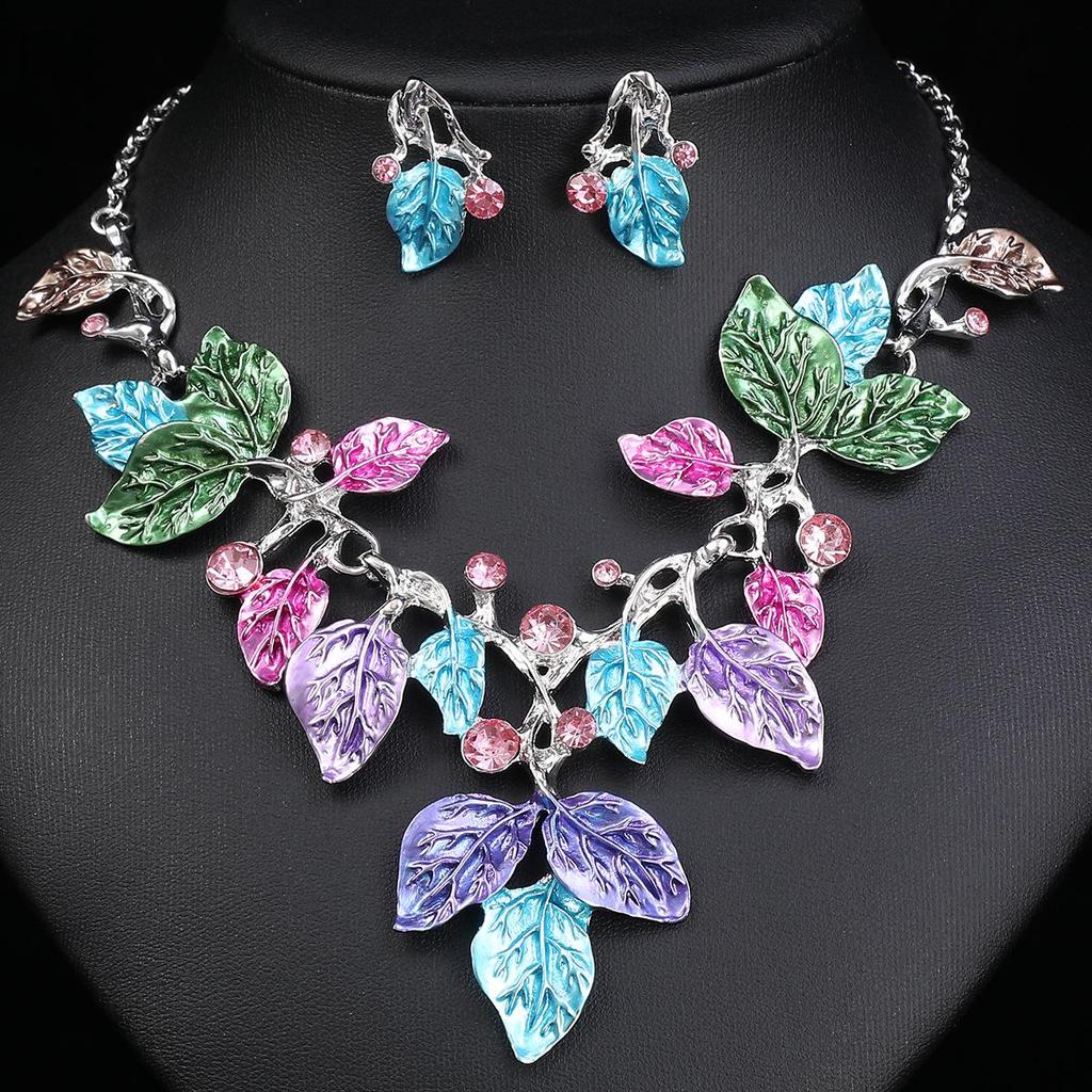 European-American Colorful Leaf Diamond-Encrusted Enamel Alloy Necklace Set