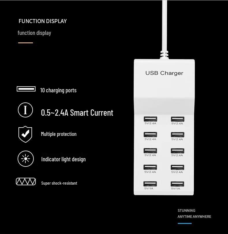 10-Port Multi-functional Fast Charging Power Strip with 5V2A USB Smart Fast Charging & Universal Charging Head US Standard