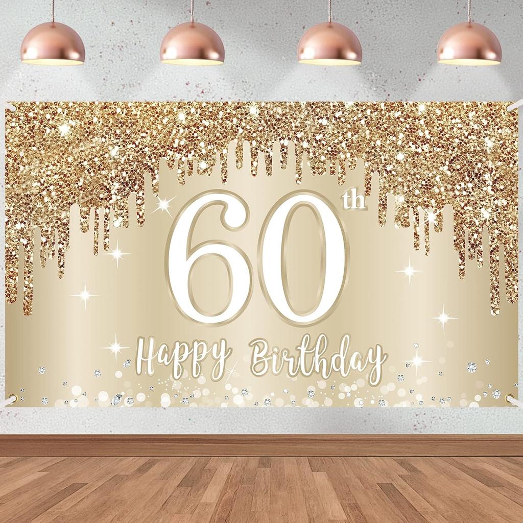 Gold White Happy Birthday Banner Decorations for Women Girls, Gold Glitter Happy Birthday Backdrop Party Supplies, 16th 18th 21st 30th 40th 50th 60th
