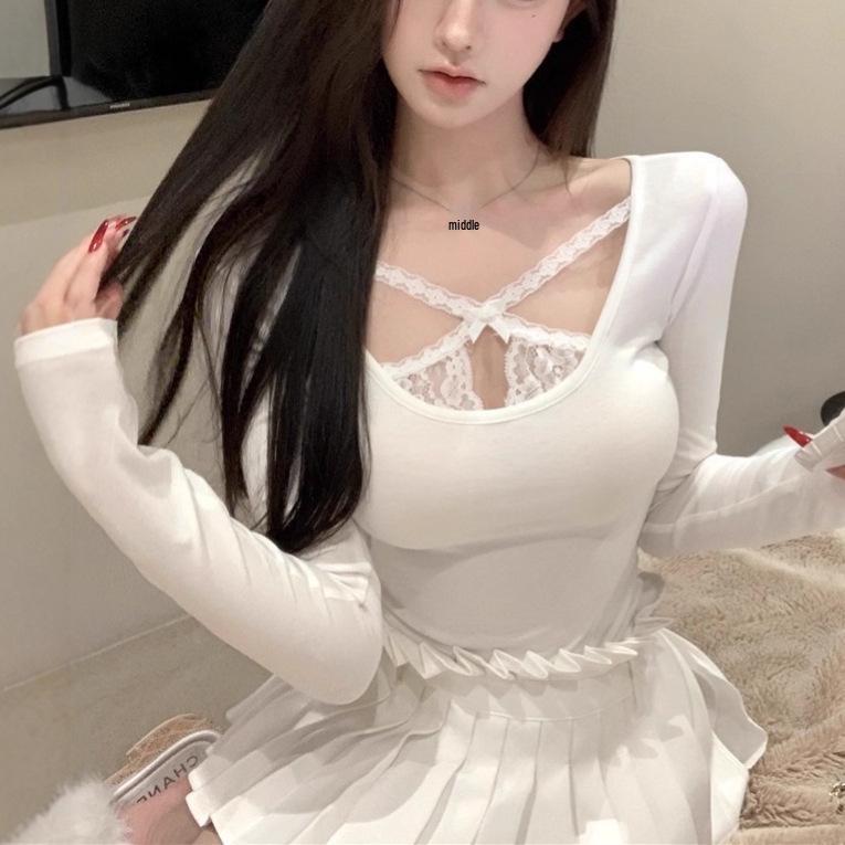 European & American Sexy Slim Lace Patchwork U-Neck Long Sleeve T-Shirt for Spring & Autumn