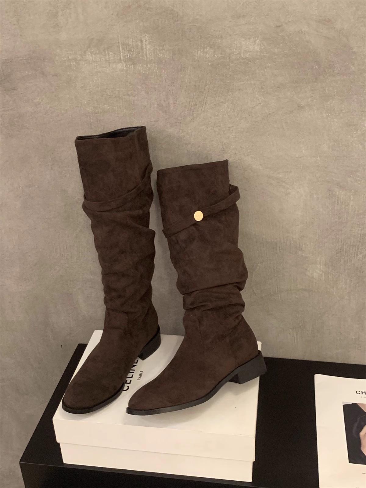 

Korean 2025 autumn new retro pointed thin suede pleated piled boots tall boots female knight boots 39