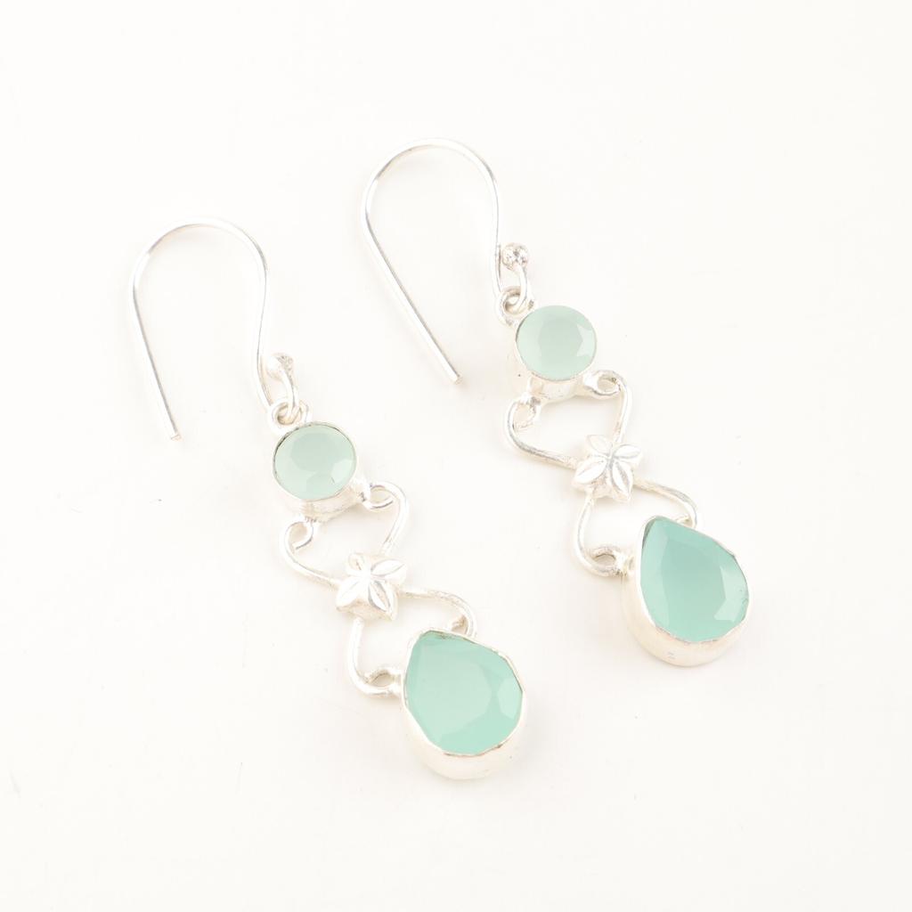 Natural Aqua Chalcedony Gemstone 925 Stamped Silver Jewelry Handmade Earrings 2" EE-156-14