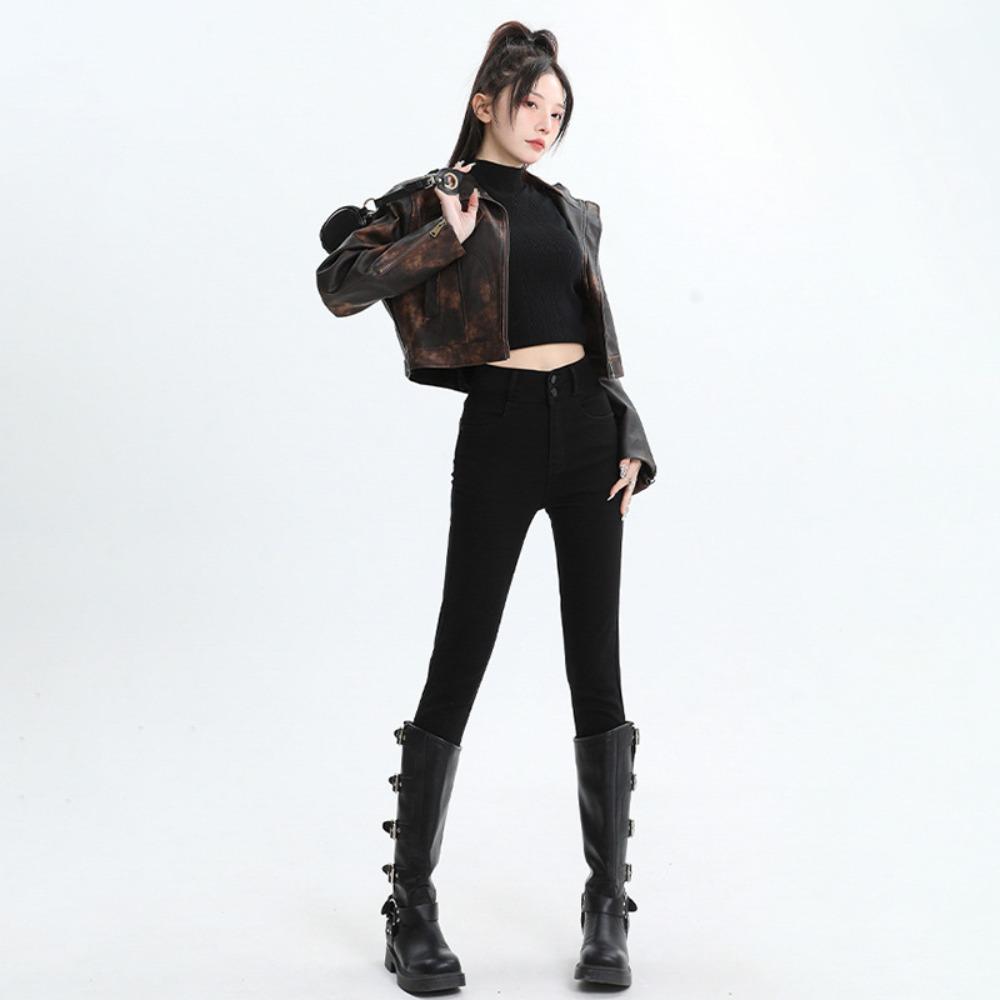 Personalized simple double-breasted design jeans women's autumn and winter 2025 fleece tight elastic pencil small denim pants