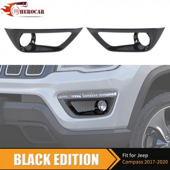 2x Glosy Black Front Fog Light Lamp Cover for Jeep Compass 2017- Accessories