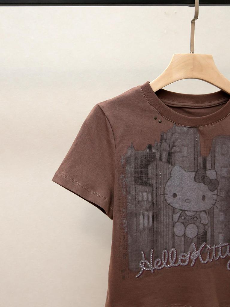 Autumn French Retro Rhinestone Printed Round Neck Women's T-shirt