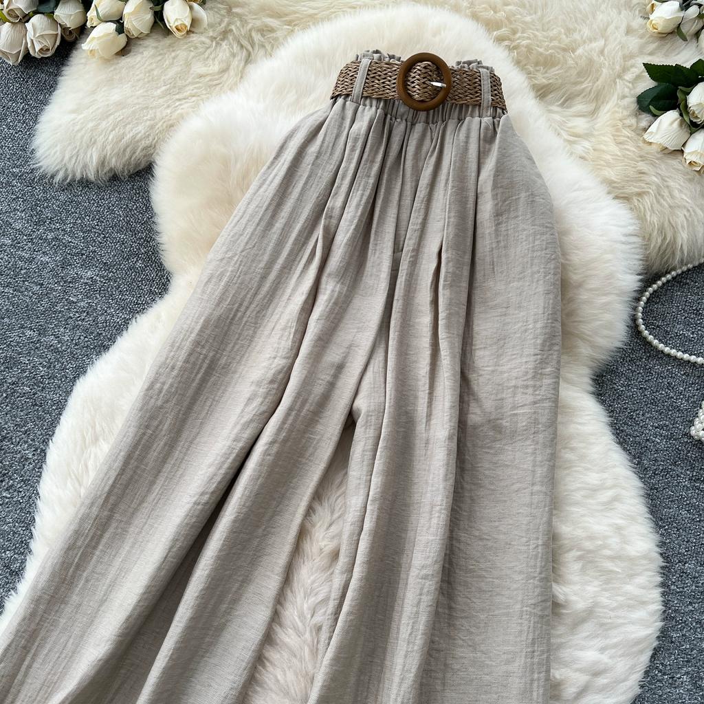 Summer Women Chic Boho Cotton Linen High Waist Wide Leg Pocket Pant Trouser With Belt For Girls
