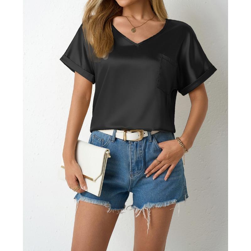 Women's Spring and Summer Solid Color Satin Top Loose Pocket Curled Short Sleeve Casual Blouses & Shirts