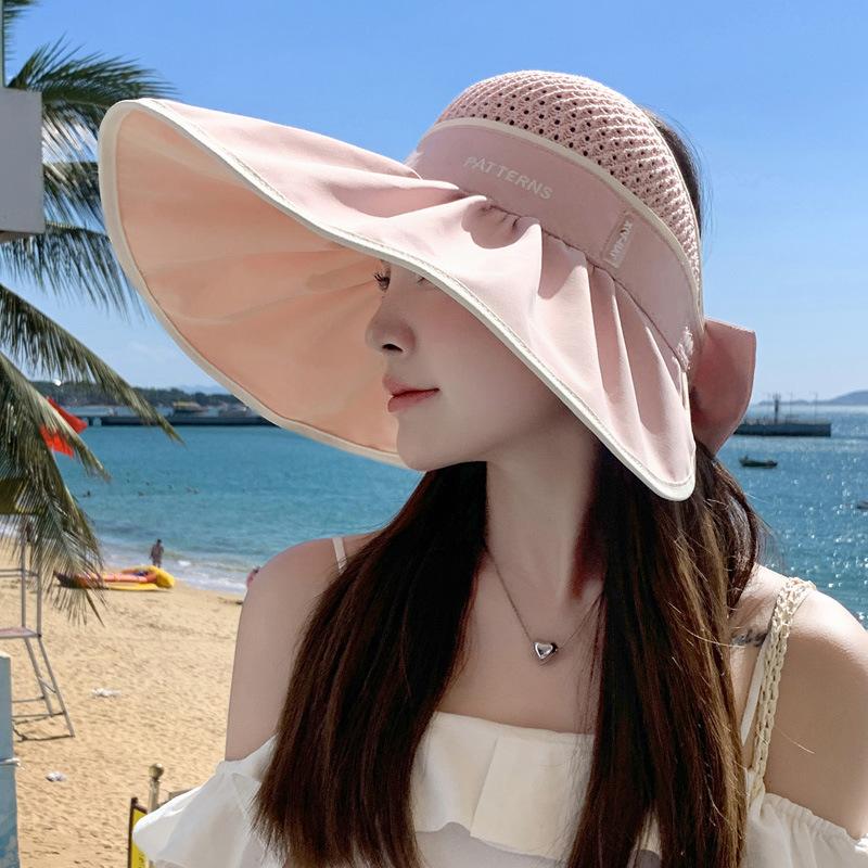Casual Women Summer Wide Brim Sun Visor Hat Adjustable UV Protection Bow Knot Foldable Sport Empty Top Cap Beach Cap Sun Hat
