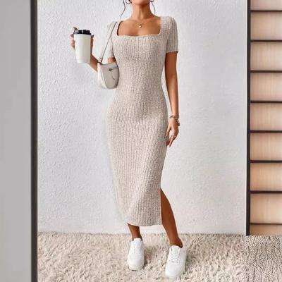Yaz Kadın Modası Kare Yaka Seksi Dar Kesim Yırtmaçlı Kalça Sarma Elbise