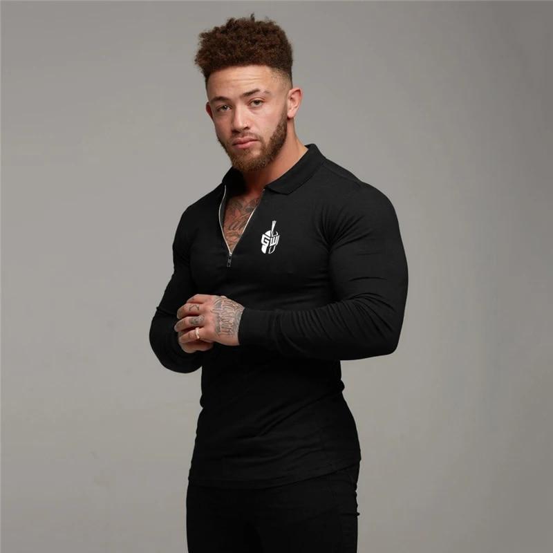 Muscleguys Herren Langarm Poloshirts Reißverschluss Umlegekragen Herbst Bodybuilding Fitness Tops Slim Fit