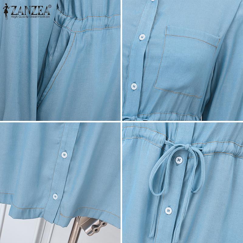 ZANZEA Женская рубашка с воротником-стойкой, длинным рукавом, карманом ...