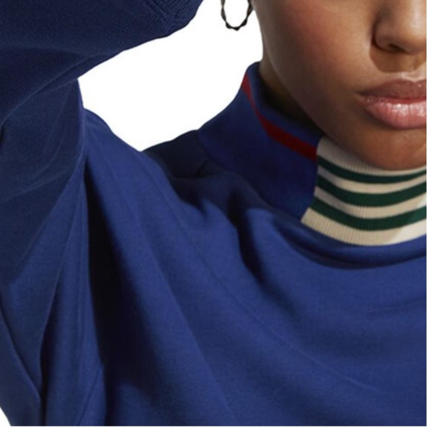 Adidas Originals Trefoil Logo Embroidered Stripe Stand-Up Collar Pullover Sweatshirt Women Tops Blue IC5238