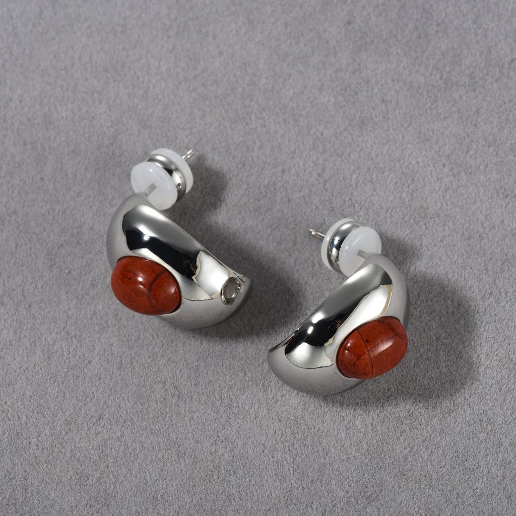Premium Copper-Plated Platinum Inlaid With Natural Nanhongshi S925 Silver Needle Earrings Niche Fashion Simple Earrings